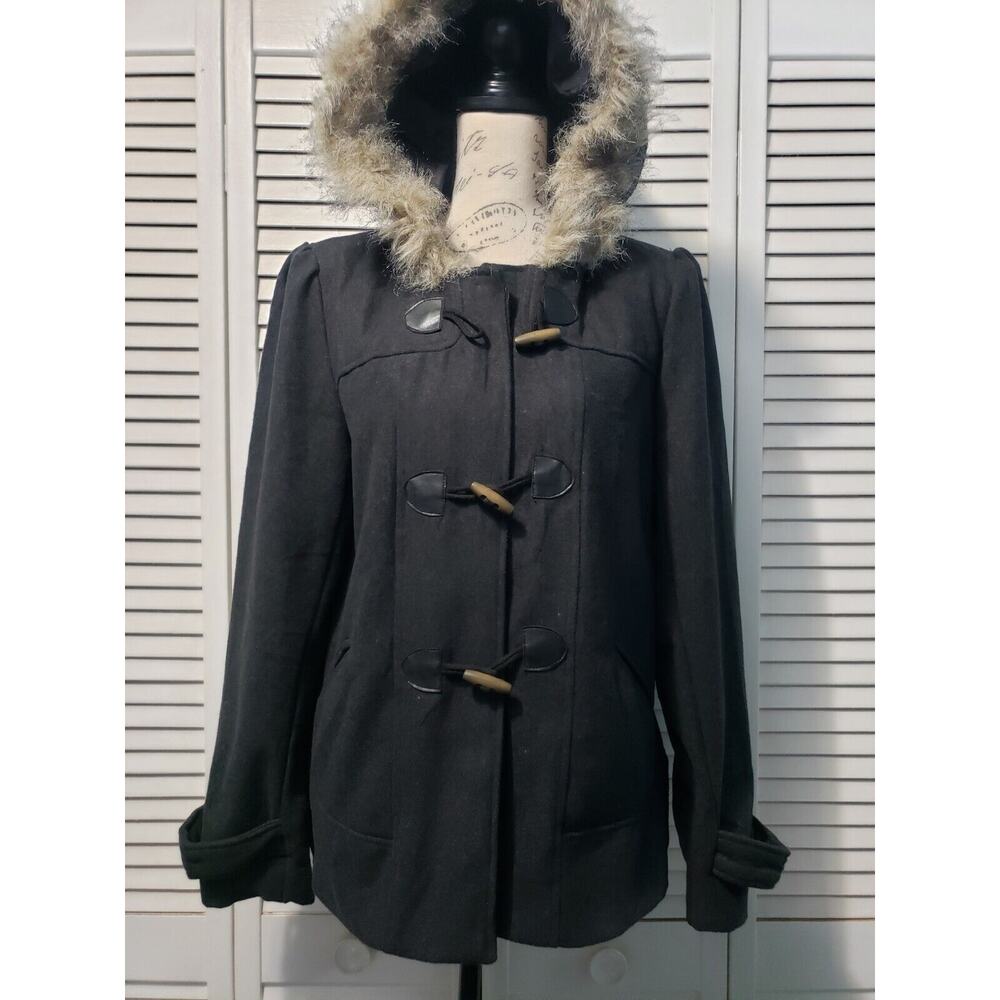 New Look Wool Coat Women's XL Gray‎ Hooded Faux Fur Button-Front Wood Buttons